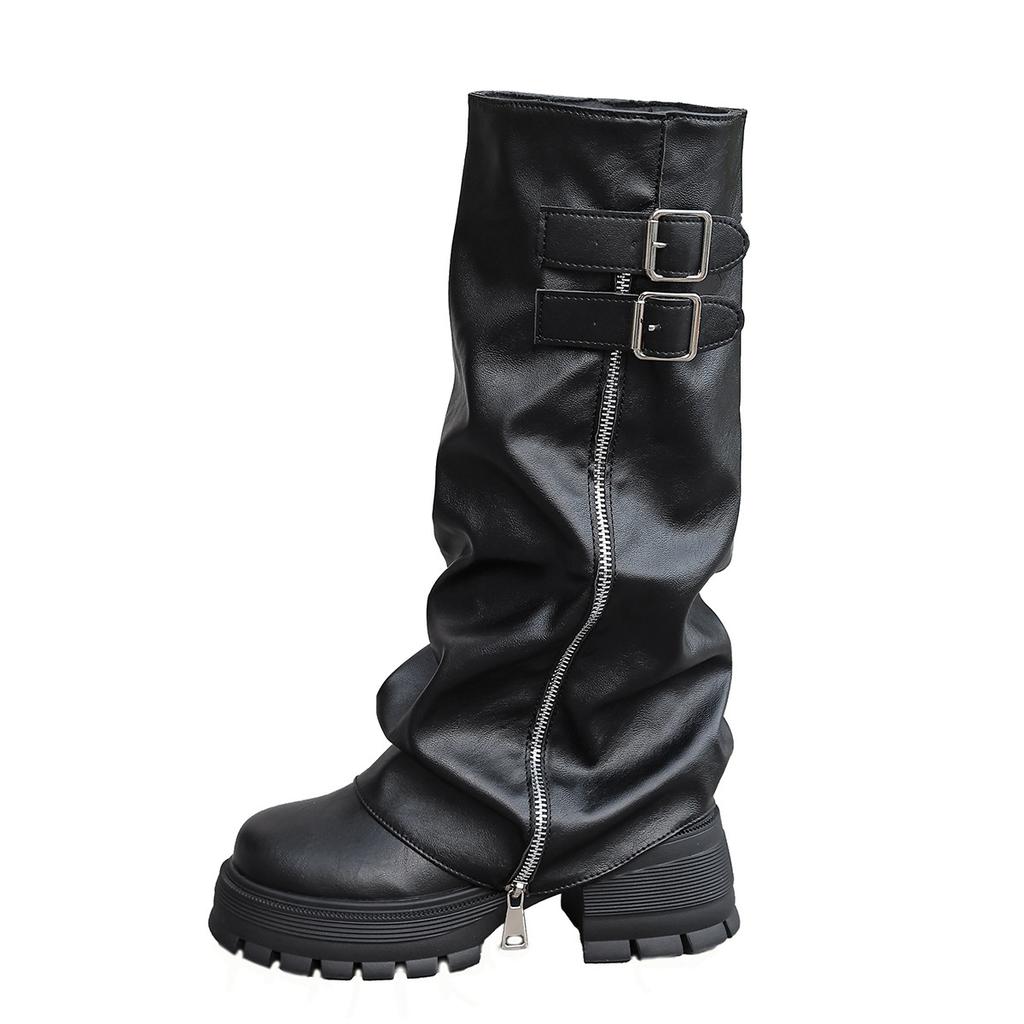 Thick-bottomed pleated belt buckle trouser boots winter round head large size British style tall knight boots women
