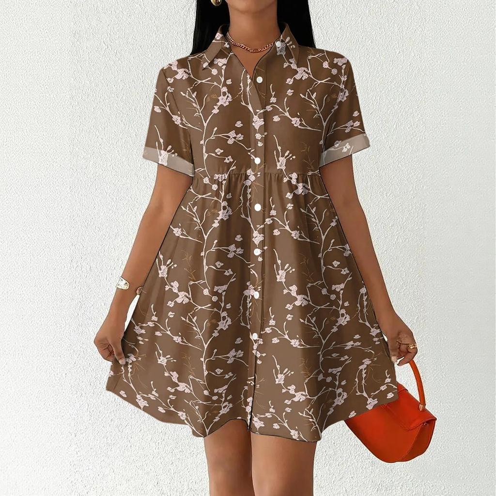 Women Casual Loose Fit Dress Button Front Shirt Dress Short Sleeve Collared Dress Summer Daily Wear