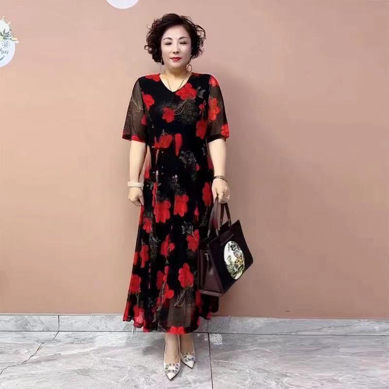 High-End Summer Women's Floral Dress   V-Neck Stretch Plus Size Dress   Slim Fit Long Dress