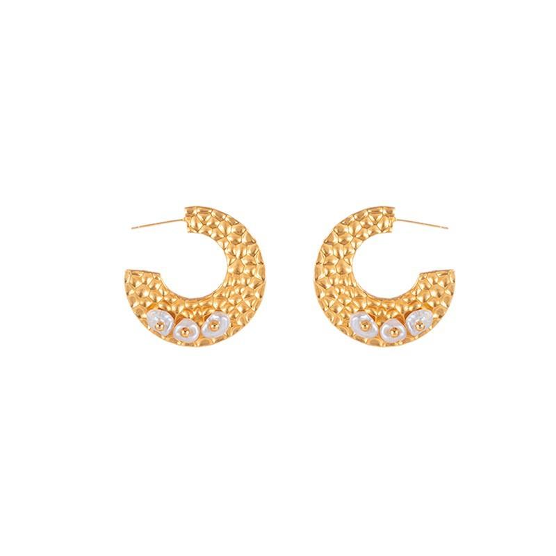 Niche Handmade Hammer Pattern C Ring Pearl Earrings Light Luxury Outstanding Retro Modified Face Shape Daily Versatile Exquisite Earrings