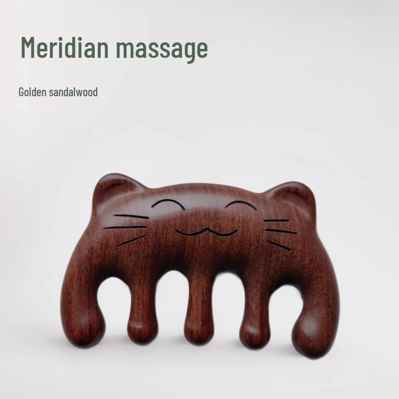 Green Sandalwood Cat Head Meridian Massage Comb - Five-Finger Round Design