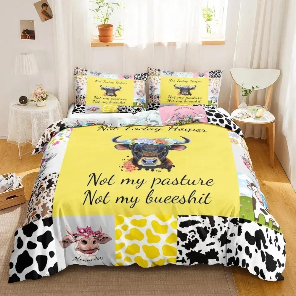Niedlicher Kuhdruck Bettbezug Queen Kawaii Hochlandkuh Bettwäscheset Bettbezug Laken Bedruckter Kissenbezug Bett Voll Queen King Size