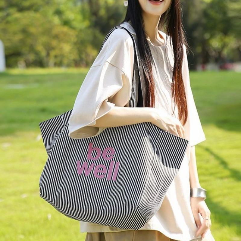 Spring and Summer New Large-capacity Striped Canvas Bag Double-sided Tote Bag Versatile Shoulder Bag
