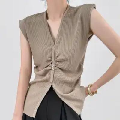 Women's Khaki V-Neck Sleeveless Ribbed Knit Ruched Button Front Casual Top