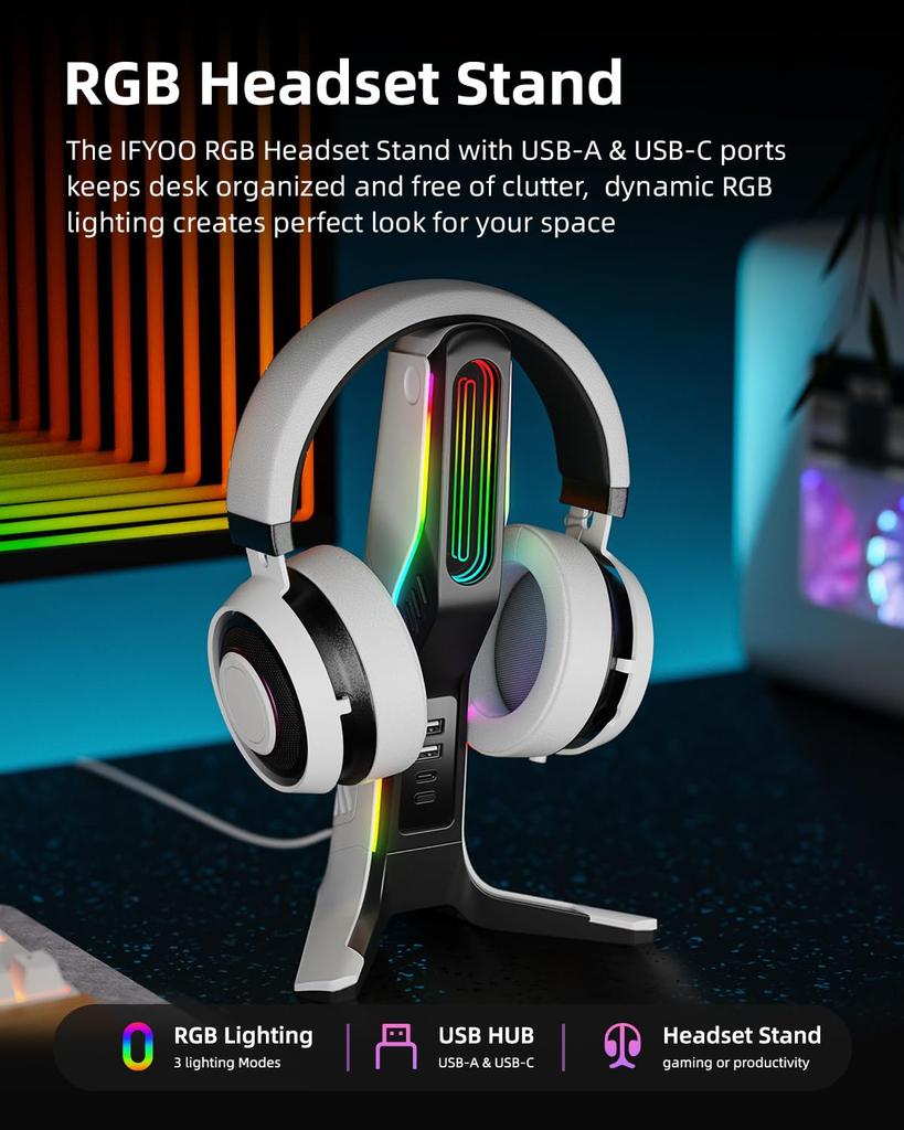 Soporte para Auriculares Gaming RGB IFYOO con 2 Puertos USB y 1 Soporte para Auriculares Gaming para PC Xbox Xbox Series Soporte para Auriculares Escritorio Gamer Negro Blanco Tipo-C