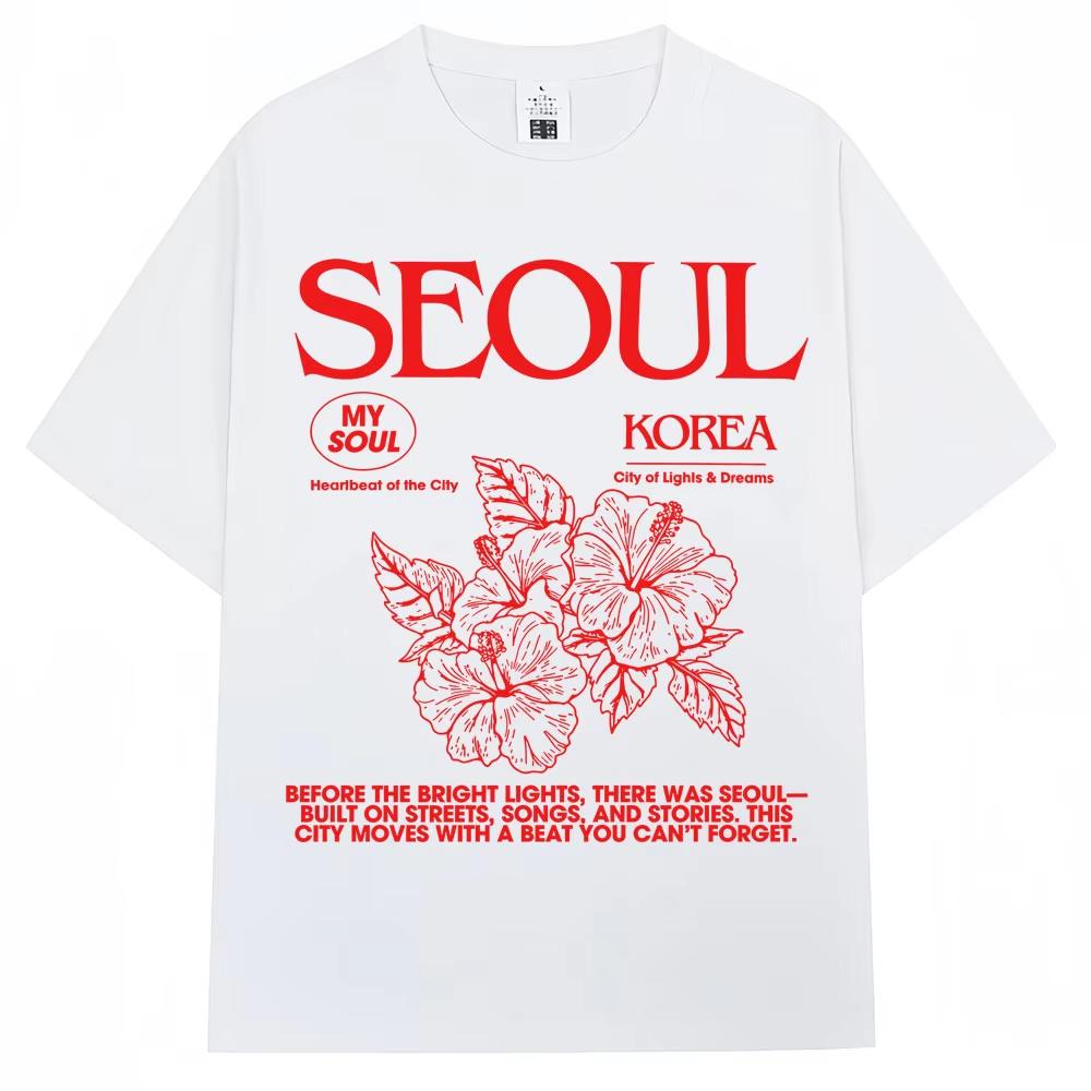 2026 Korean Style Seoul Hibiscus Print Tshirts Men Women Harajuku Fashion Aesthetic T Shirt Cotton Casual Tees Streetwear