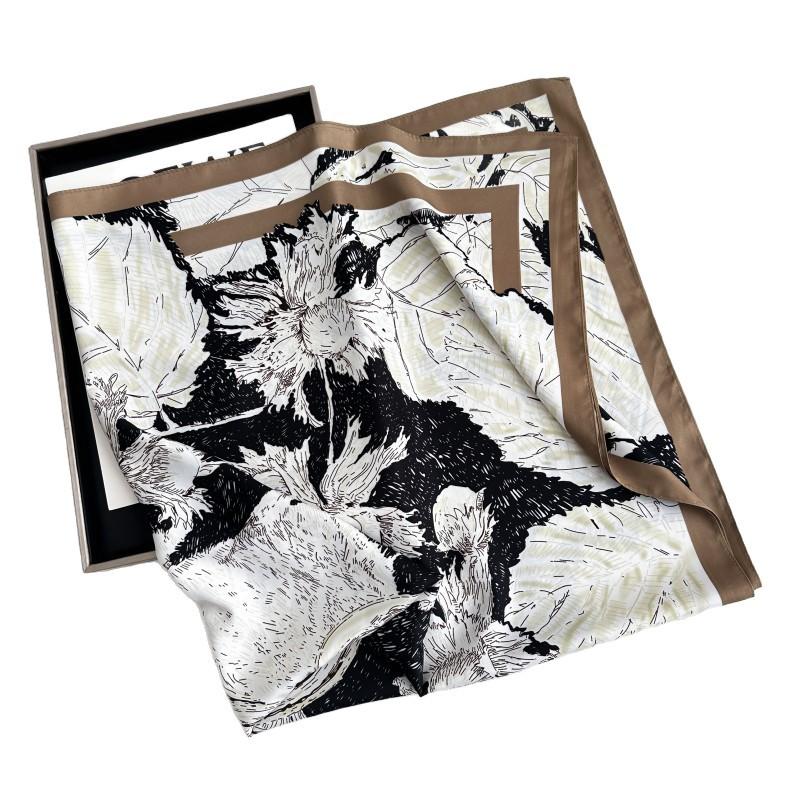 New light luxury flower sketch 91 imitation silk large square scarf fashion tube top retro printing versatile twill silk scarf
