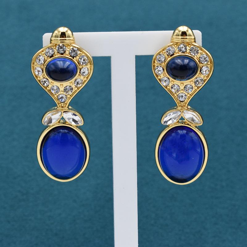 Vintage Blue Gemstone Gold-Plated Geometric Stud Earrings