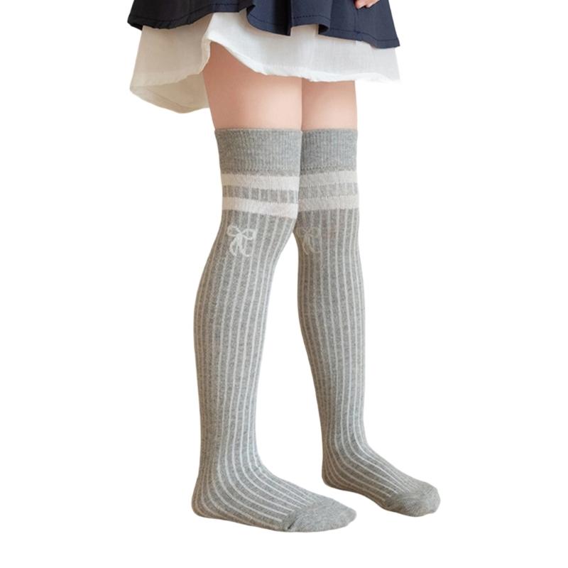 Носки выше колена для девочек Мягкие и дышащие Чулки с бантом Однотонные для повседневной носки и вечеринок серый