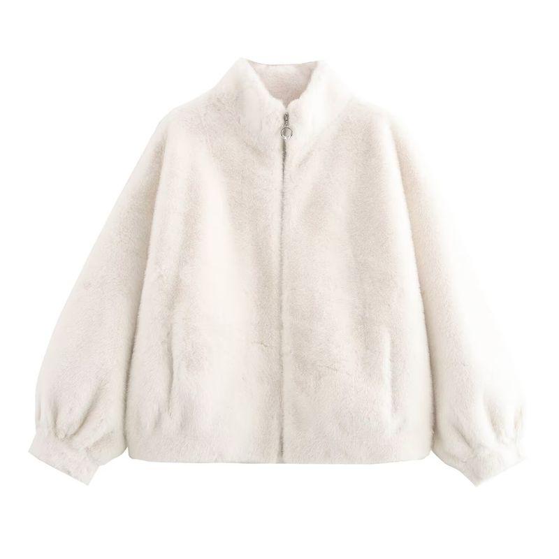 

Kaslead New Arrival Women s Clothing Fashion Style Fur Integrated Stand Collar Short Zipper Jacket Outwear White XL