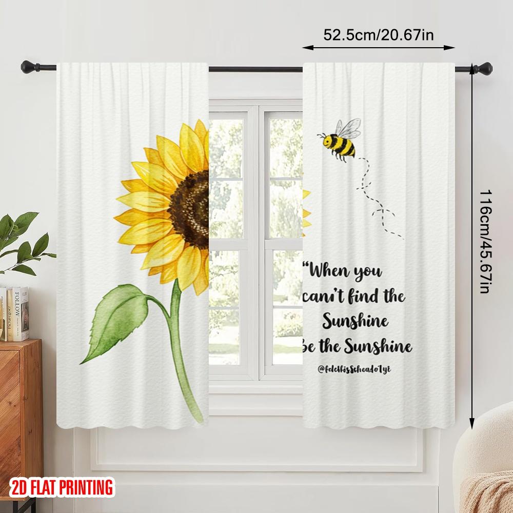 2pcs 2D Flat Printing Curtain Sunflower Bee Sunshine 0 100% Polyester Fabric Without Electricity Birthday Party for Entryway