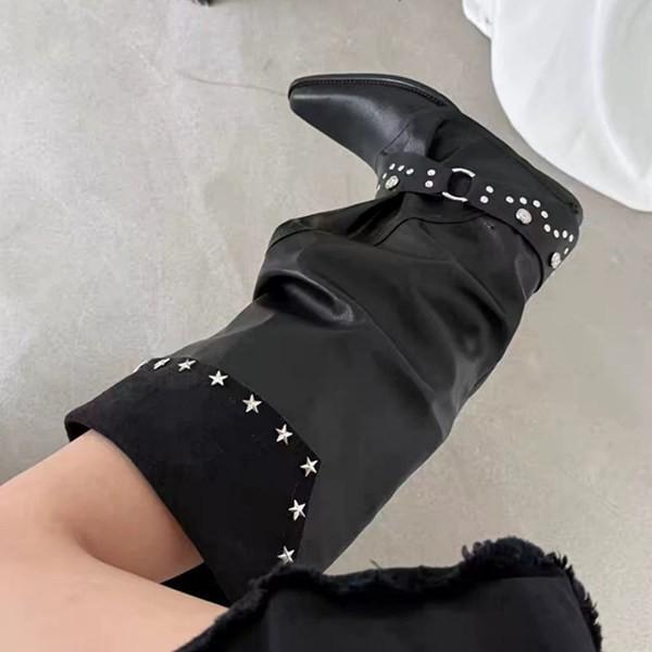 Spice Girl Rivet Pointed Trousers Boots Women'S Retro Belt Buckle Thick Heel Knight Boots Black Pile Boots Women'S