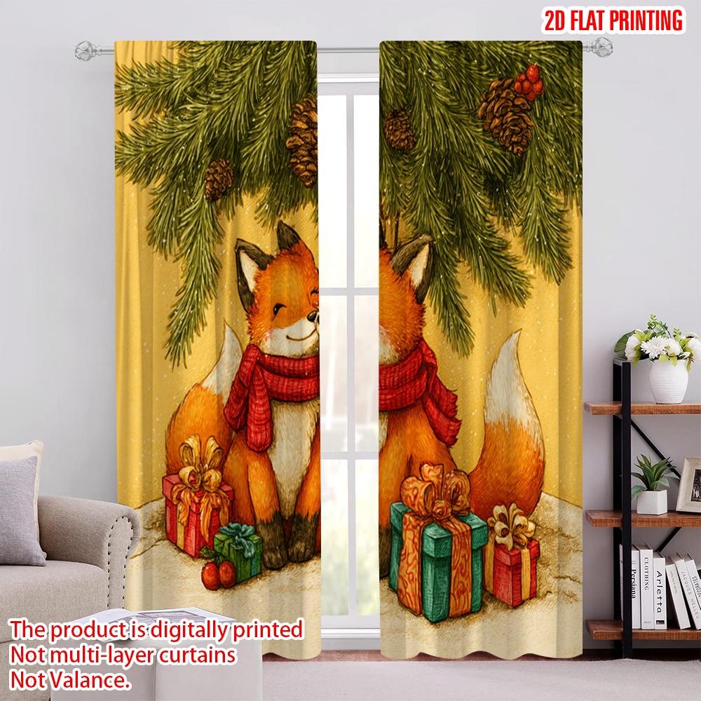 

2pcs,2D plane printing Light Filtering Curtains Cozy Foxes in Red Scarves with Pine & Gifts Versatile Polyester (without rod) 52.50 × 116.00 cm 2 pcs