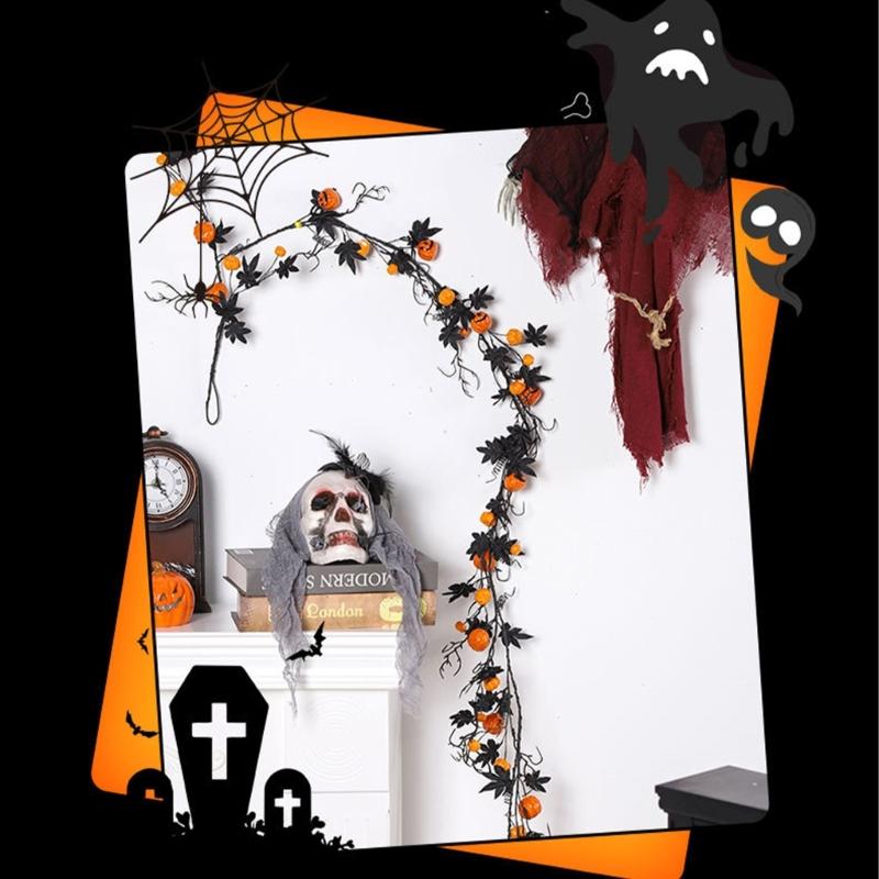 Artificial Leaf Vine Hanging Maple Leaf Vine with Artificial Pumpkins Halloween Party Decoration for Door Wall, 5.9Feet