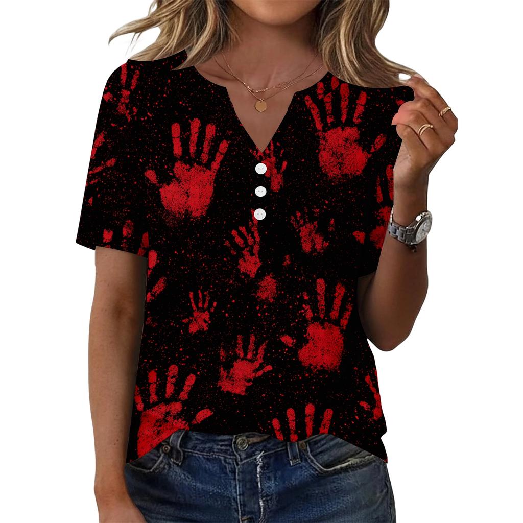 Women's Casual Halloween Printed V-Neck Short Sleeve Button Front T-Shirt