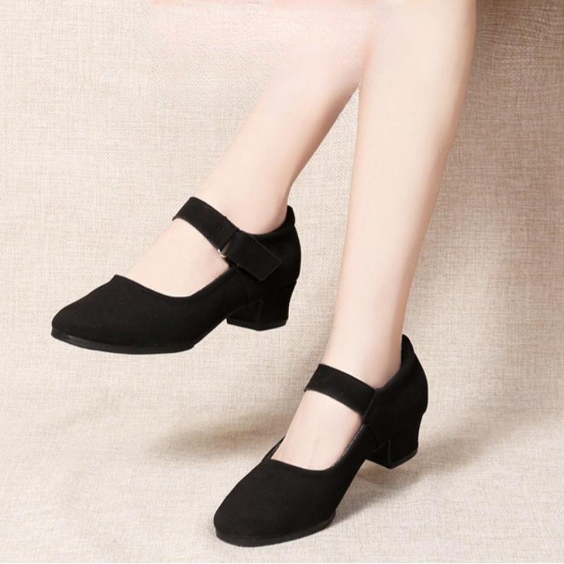 Damen Erwachsene Weichsohlen Tanzschuhe Oxford-Stoff Mittlerer Absatz Ganzjahres Atmungsaktiv Schwarz Standard Tanzschuhe