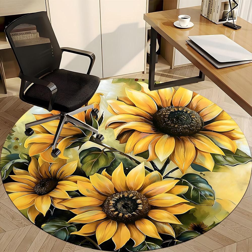 1PC Sunflower Garden Office Round Area Rug, Mat Suitable For Office, Under Office Chairs Bedroom Living Room Home Decor, Room Deco
