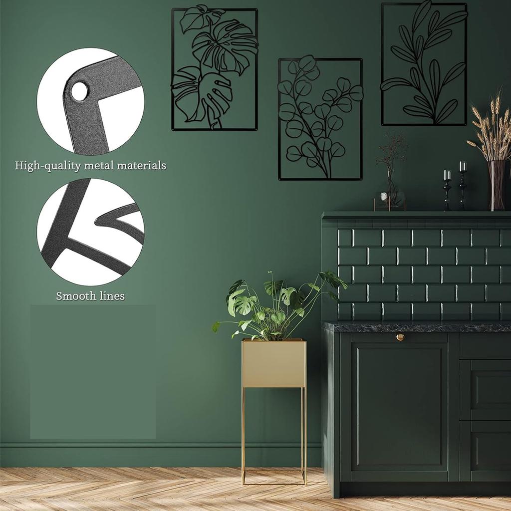 3Pcs Gorgeous Gold & Black Metal Wall Decor: Large Minimalist Modern Boho Art. Abstract Flower & Leaf for Bedroom & Living Room.