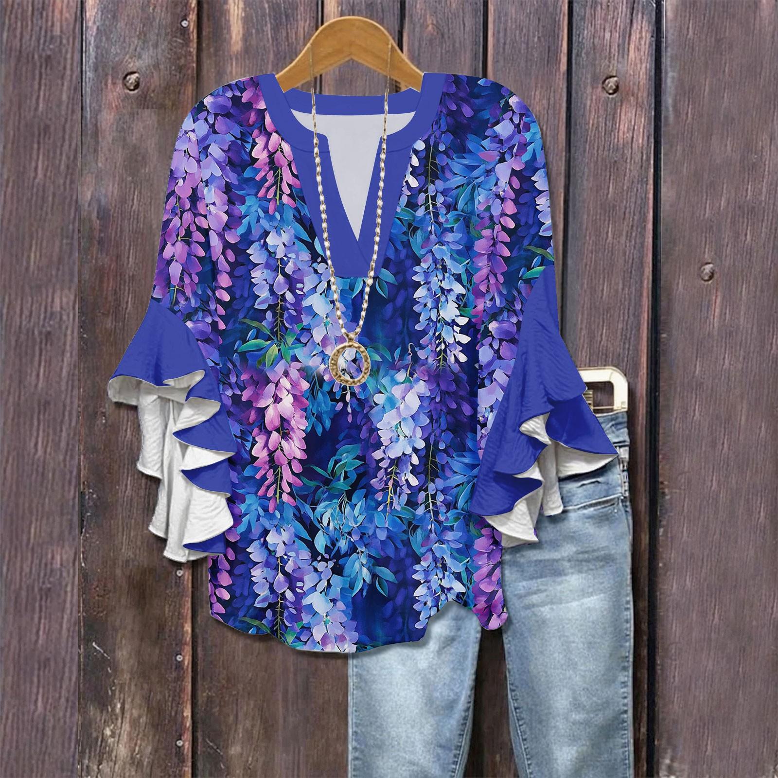 

Рубашки с рукавами 3/4 для женщин, симпатичные футболки с графическим принтом, блузки, повседневные, больших размеров, базовые топы с оборками на рукавах, пуловеры XL синий