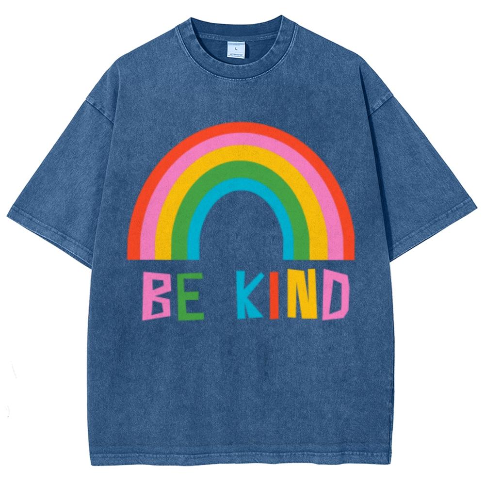 Be Kind Rainbow Print Women's T-Shirt Oversized Loose Wash Short Sleeve Unisex Fashion Design Casual Niche Top