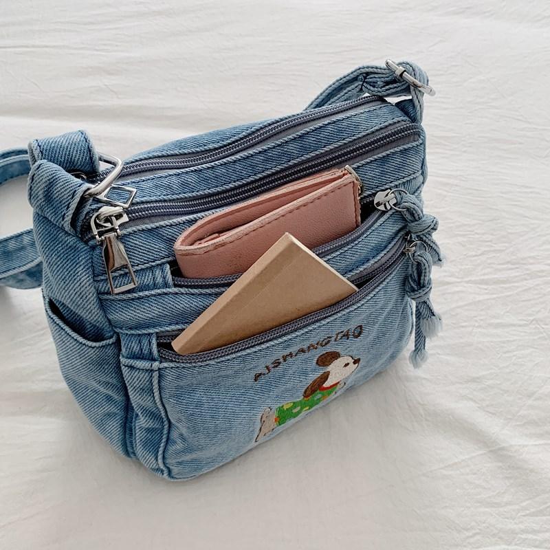 Cartoon Embroidered Denim Bag Women's Shoulder Crossbody Bag