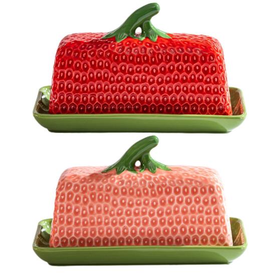 Butter Dish with Lid Strawberry-Shaped Ceramic Butter Keeper Microwave & Dishwasher Safe Butter Storage Container Hand-Painted Kitchen Serving Tray