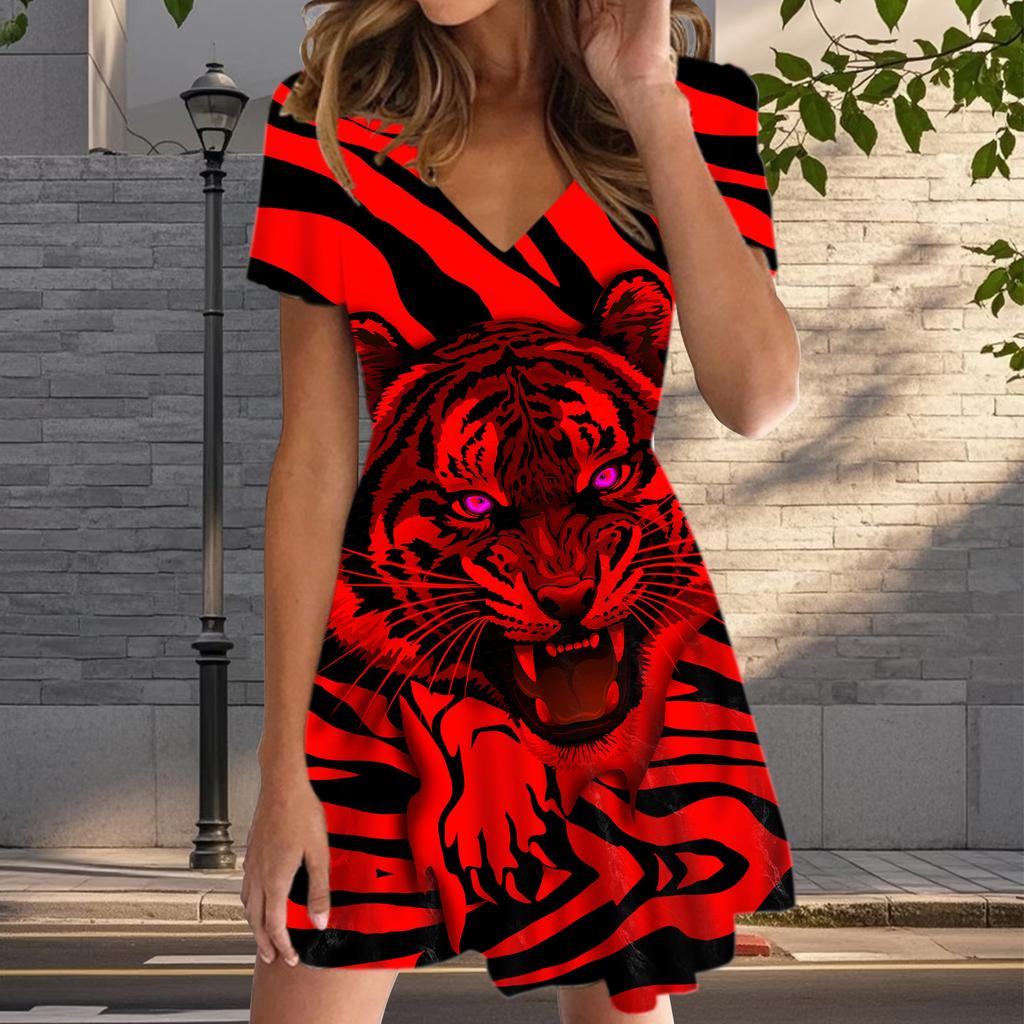 Summer Fashion Women's V Neck Short Sleeve Tiger Printed  Dress Sex Short Skirt Dresses