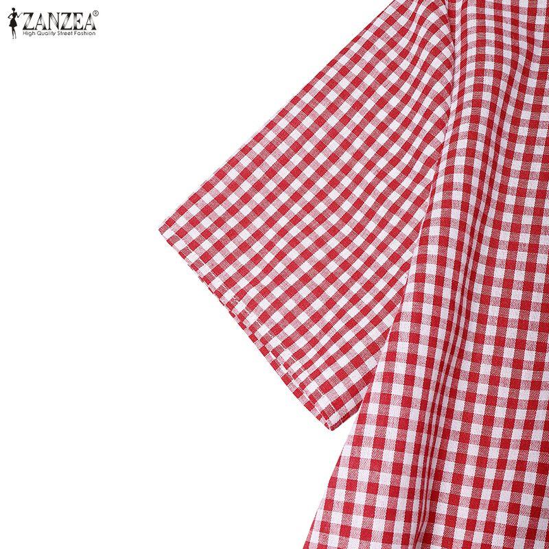 ZANZEA Dámské ležérní kostkované šaty s krátkým rukávem a límcem