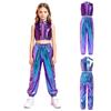 Mädchen Jazz Dance Crop Top Stehkragen Ärmellos Verdeckter Reißverschluss Hinten Pailletten Metallisches Patchwork Rüschen mit Glänzender Hose für Bühnenauftritt