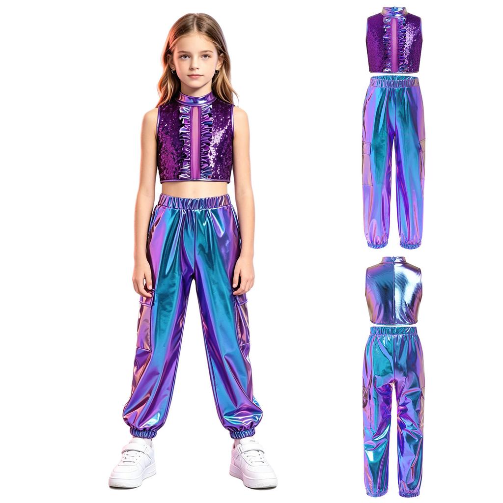 Mädchen Jazz Dance Crop Top Stehkragen Ärmellos Verdeckter Reißverschluss Hinten Pailletten Metallisches Patchwork Rüschen mit Glänzender Hose für Bühnenauftritt