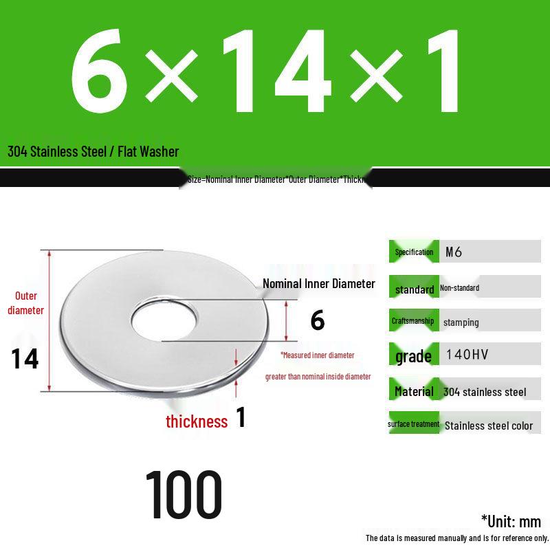 304 Stainless Steel Thickened Flat Washer Set, Sizes 2-36