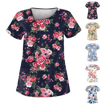 Women's Casual Printed Short Sleeve Workwear With Double Pocket Top
