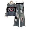 2026 Womens Vintage Streetwear Denim Tracksuit Oversized Letter Graphic Hoodie Wide Leg Pants Two Piece Set