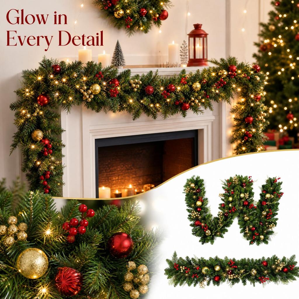 Christmas Garland with Lights, Red and Gold Ball Ornaments, Artificial Branches with Red Berries for Fireplace Mantel Door Decor