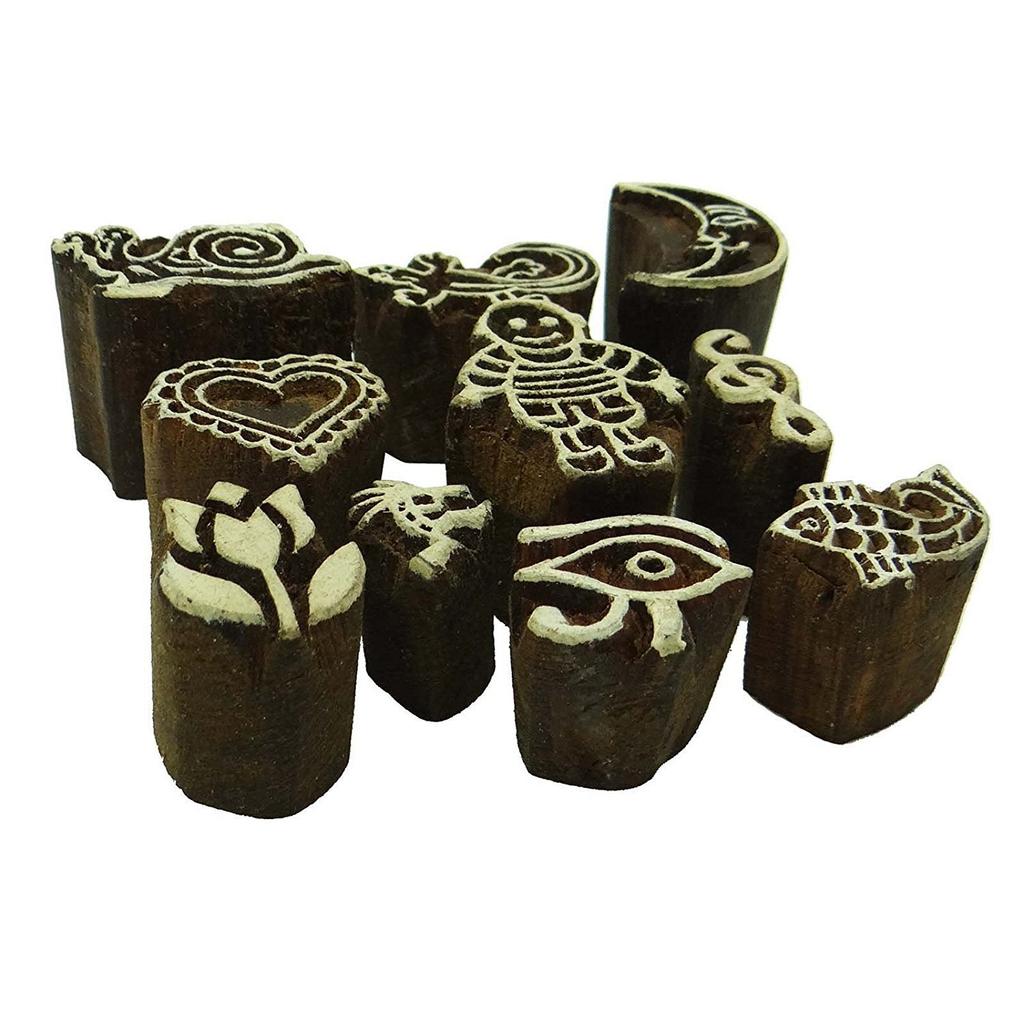 Lot Of 10 Pcs Ethnic Printing Block Wooden Handcarved Textile Stamp