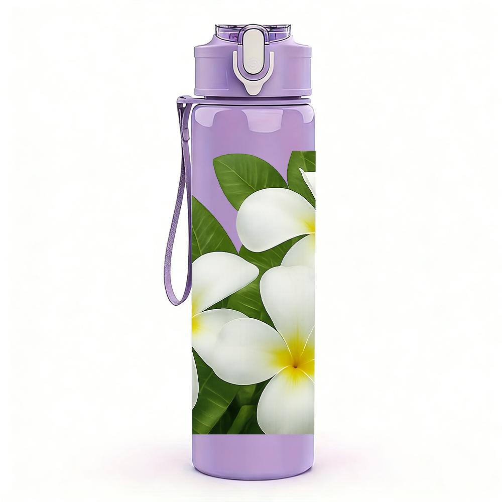1PC White Plumeria Flower Bloom 750ml Color Plastic Sports Water Bottle Leakproof Flip Straw Lid For Sports Office Home Use