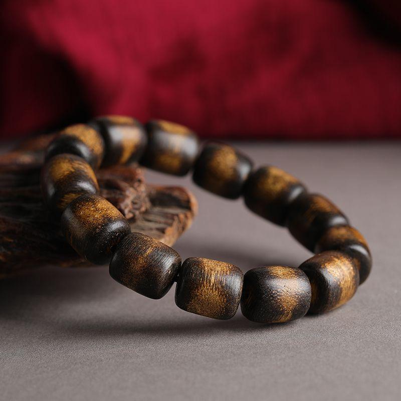 Natural high-end lightning-striken Dalagan golden thread agarwood bracelet, old material black oil Buddhist beads for women and men