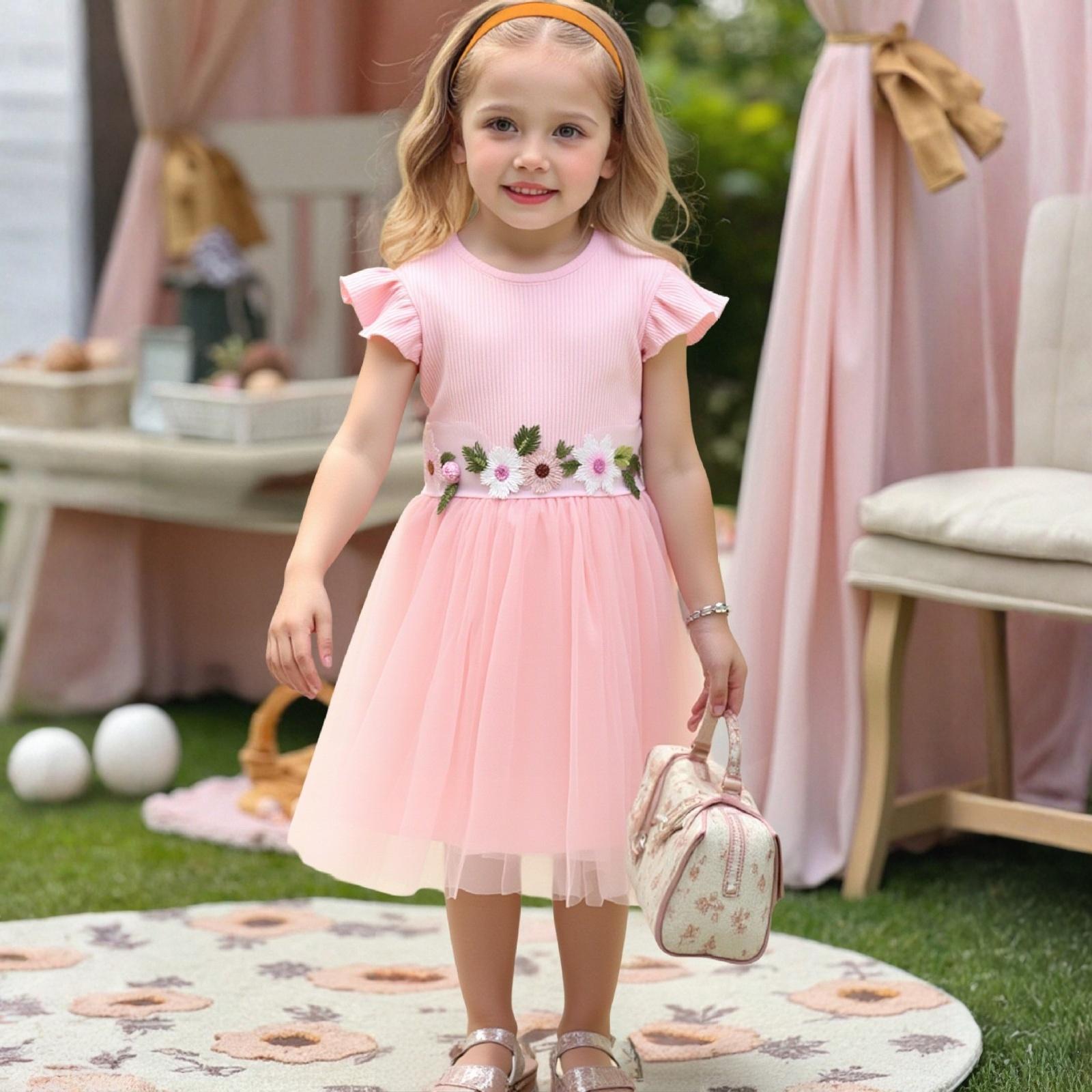 

Платье для девочек с сетчатым рукавом и ребристым поясом с цветочной отделкой 130 розовый