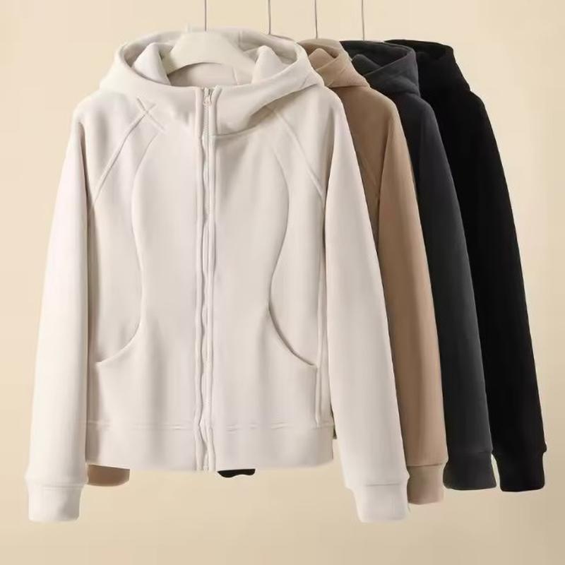 Hooded Zip Up Sports Jacket Women Autumn Winter Fleece Lined Thicken Hoodies Woman Solid Casual Loose Sweatshirts Cardigan