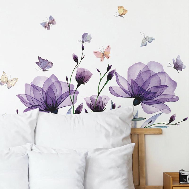 Romantic Purple Flowers Butterfly Bedroom Living Room Home Beautification Decorative Wall Stickers Room Decal