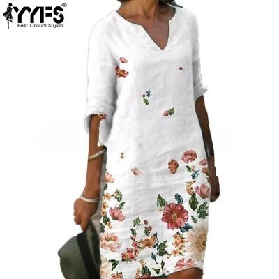 Women's Fashion Summer Spring Flower Pattern Print 1/2 Sleeves V-Neck Loose Waistline Casual Dresses
