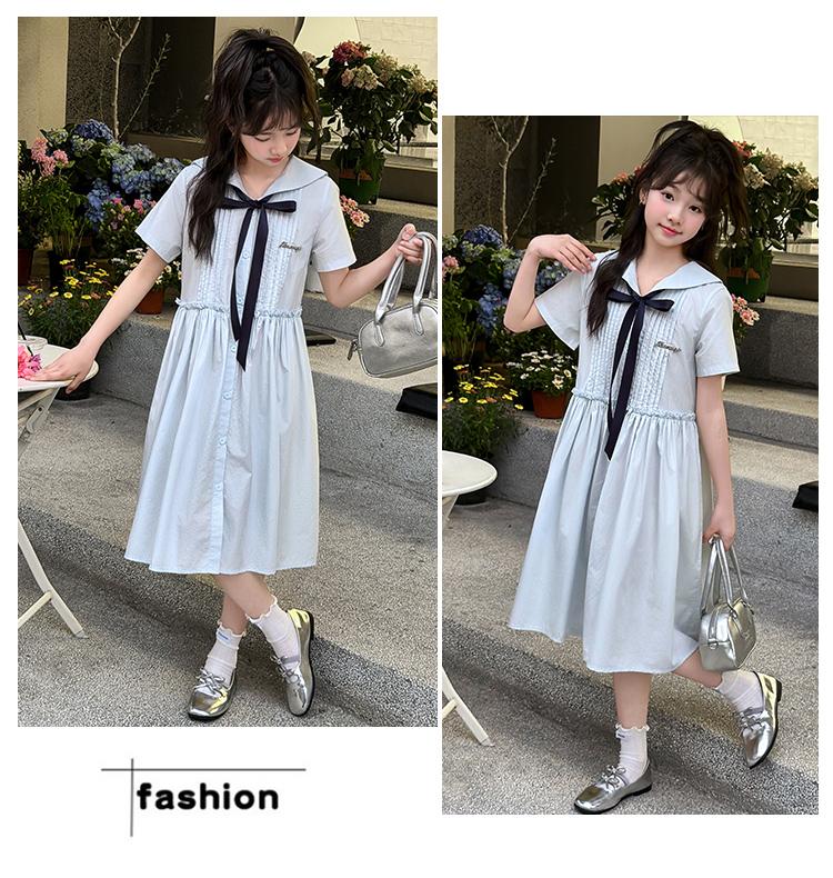 Girls' College Style Dress 2026 Summer New Navy Collar Strap Waist Skirt Western Short Sleeve Princess Dress