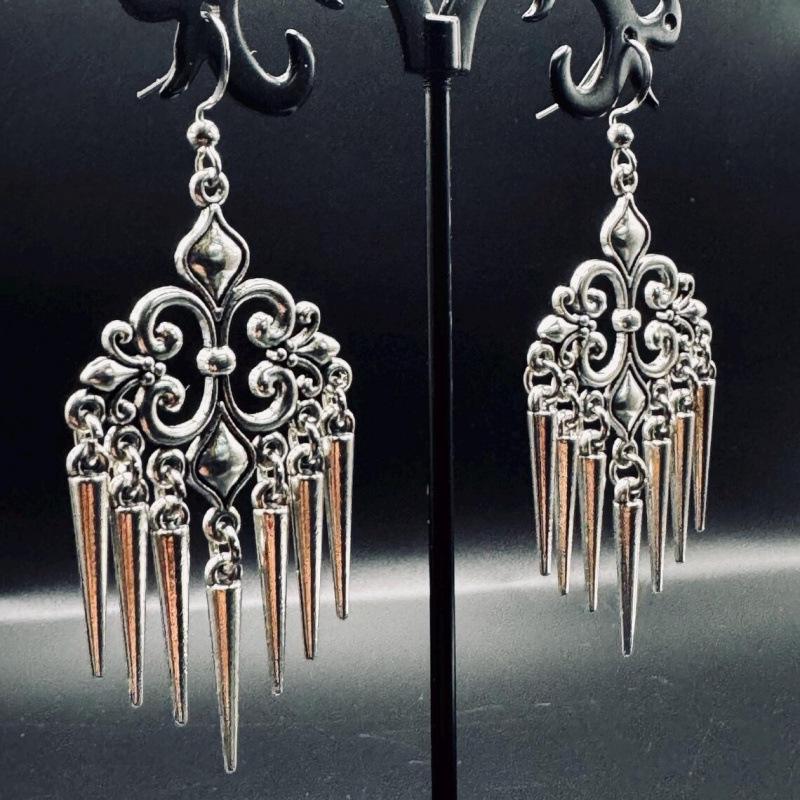 Gothic Silver Flower Filigree Pointed Earrings