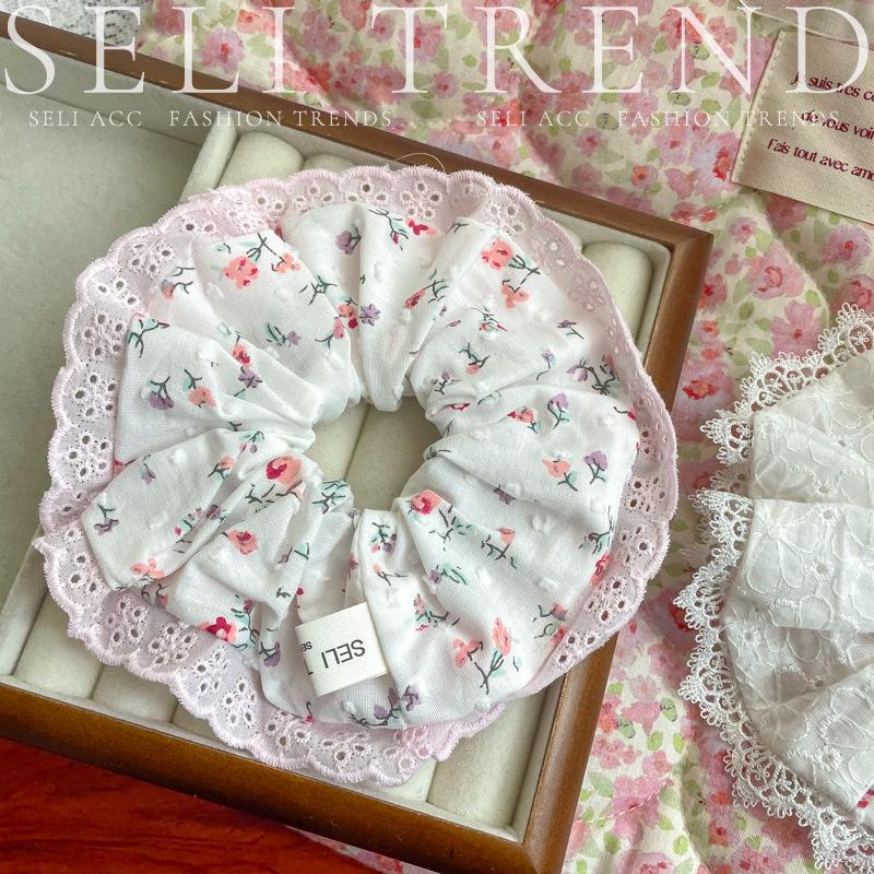 Snow White Petals French Lace Floral Hair Tie - Pink and Elegant with Hollowed-Out Design