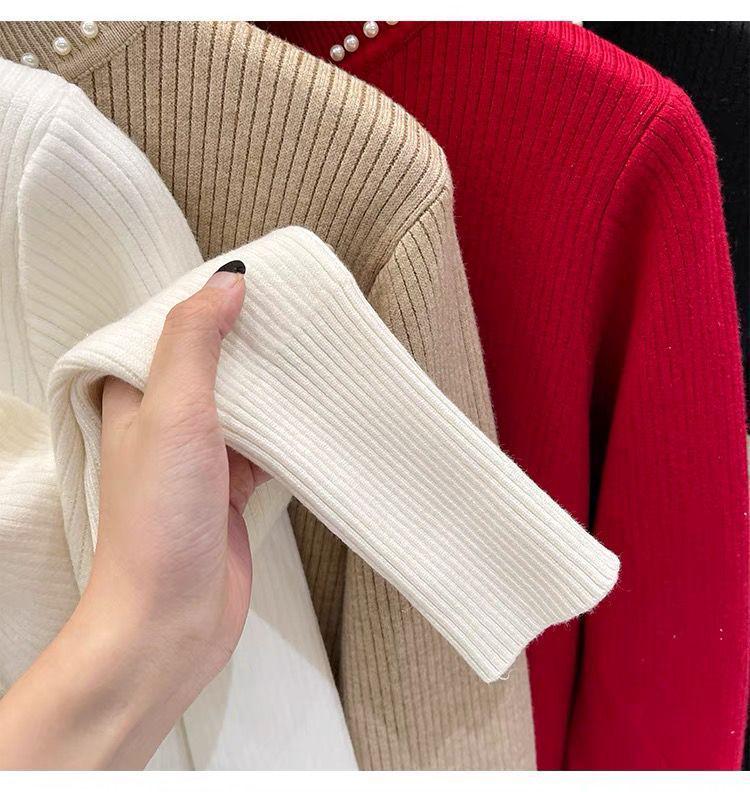 Pulover Tricotat cu Guler de Catifea cu Mărgele pentru Femei Toamnă/Iarnă