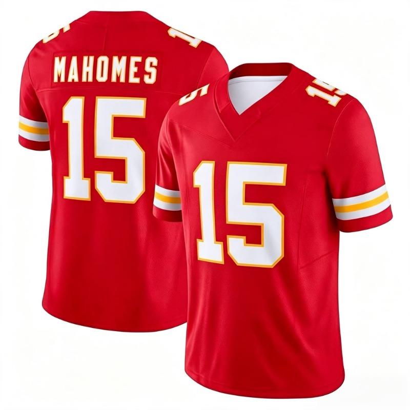 Men 15 Mahomes Red Home Football Jersey Red Gold Striped Cuff V Neck Short Sleeve Breathable Fan Sports Uniform Family Matching