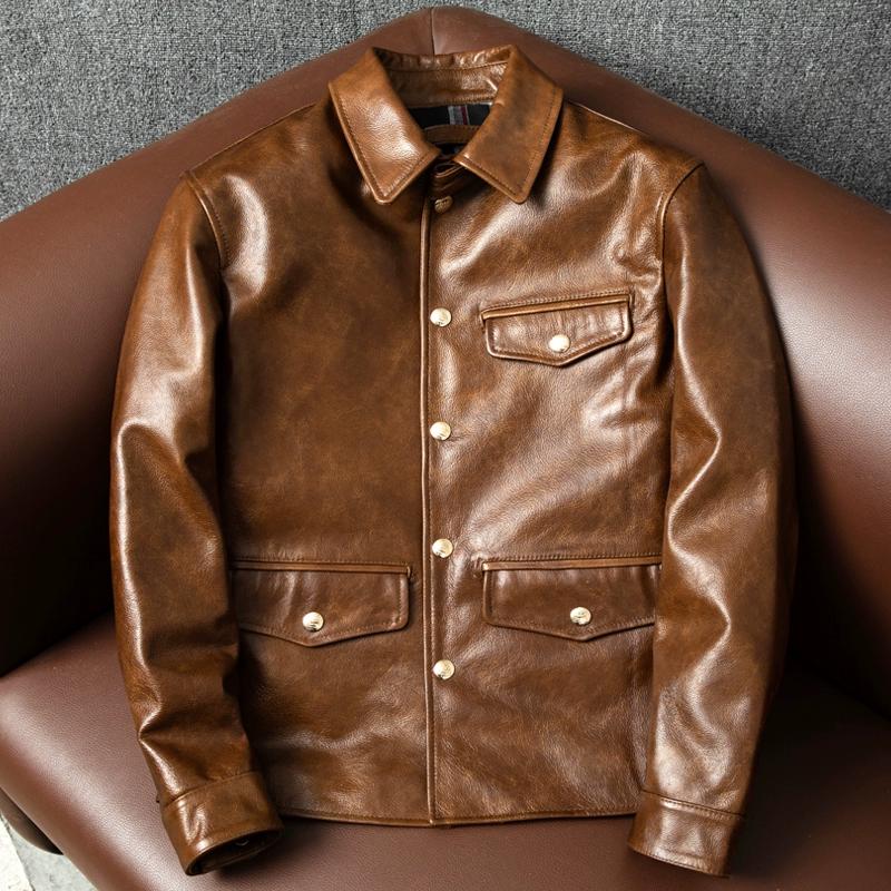 Genuine Leather Jacket for Men Top Grain Cowhide Slim Fit Waxed Tea Core Biker Coat