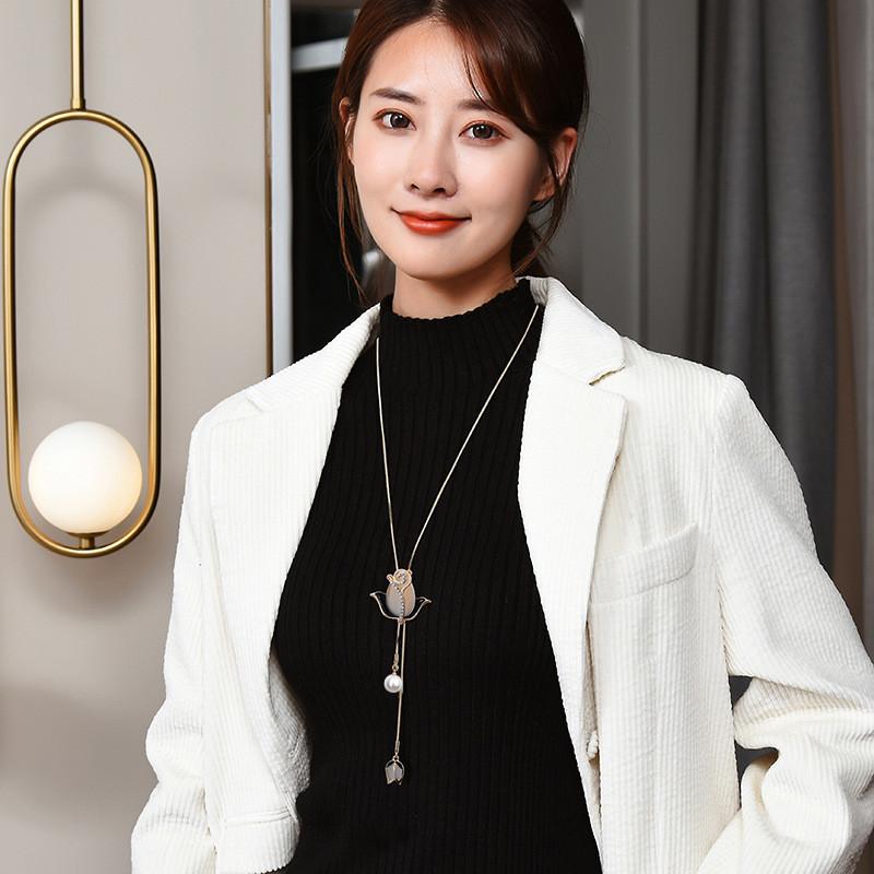 Elegante Koreanische Lange Halskette Mit Tulpen Katzenaugenstein Blumenanhänger Ideal Für Wintermode