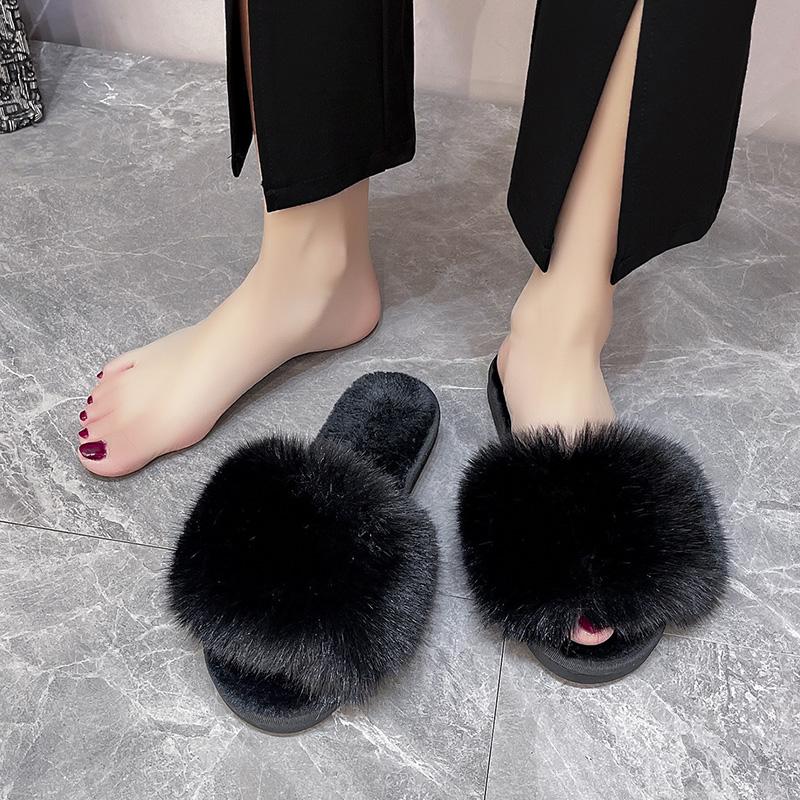 Moda Nowe Damskie Kapcie Okrągły Nosek Płaskie Buty dla Kobiet Wsuwane Płytkie Buty Outdoorowe Codzienne Jednokolorowe Pluszowe Kapcie z Odkrytymi Palcami