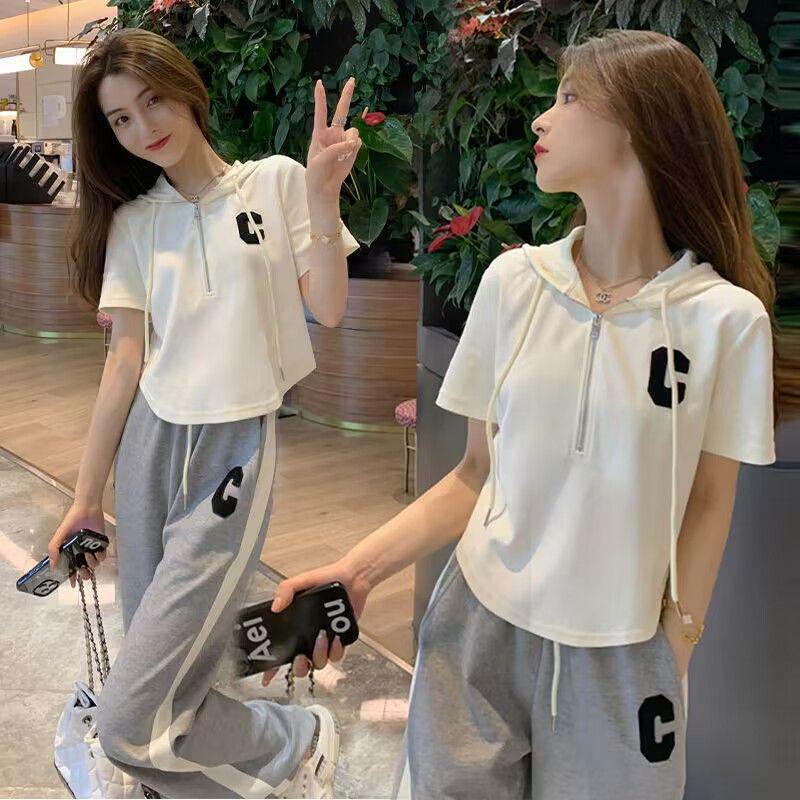 2025 Korean Style Women's Hooded T-Shirt & Wide-Leg Pants Set